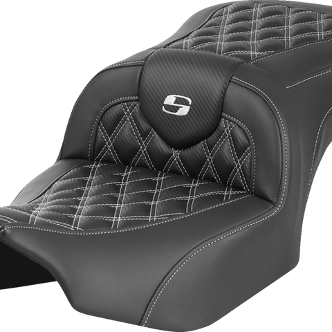SADDLEMEN RoadSofa* Seat - without Backrest - Carbon Fiber - Lattice Stitch - White Stitch - FLTR/FLHX '23-'24 823-07-20606 - Team Dream Rides