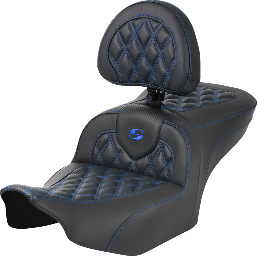 SADDLEMEN RoadSofa™ Seat with Backrest for FLTR/FLHX 2023-2024 – Carbon Fiber, Blue Stitch, Part #823-07-206B1