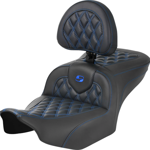 SADDLEMEN RoadSofa* Seat - with Backrest - Carbon Fiber - Lattice Stitch - Blue Stitch - FLTR/FLHX '23-'24 823-07-206B1 - Team Dream Rides