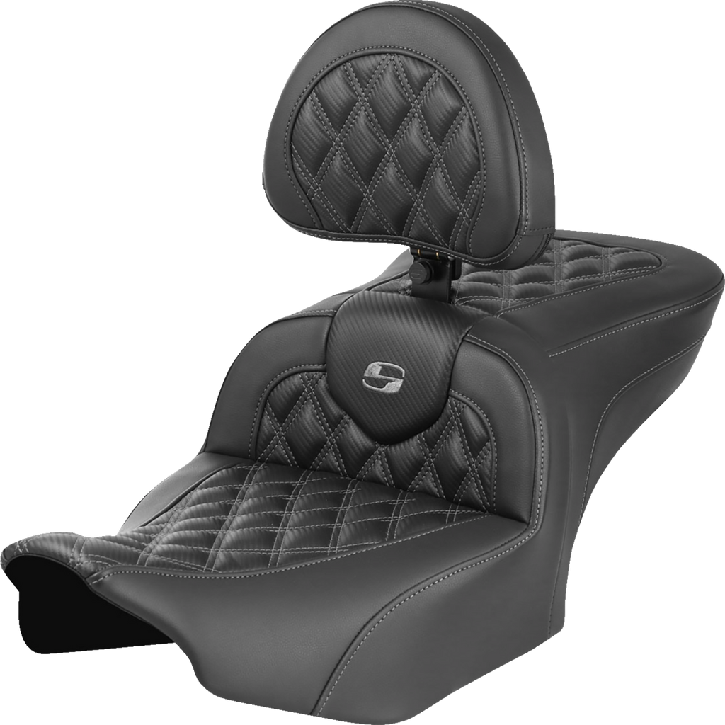 SADDLEMEN RoadSofa™ Seat with Backrest for FLTR/FLHX 2023-2024 – Carbon Fiber, Gray Stitch, Part #823-07-206B2
