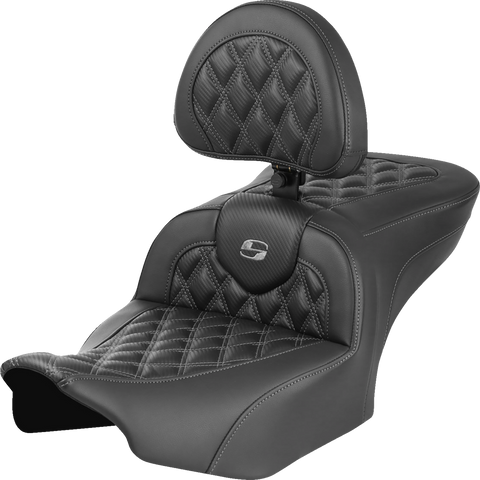 SADDLEMEN RoadSofa* Seat - with Backrest - Carbon Fiber - Lattice Stitch - Gray Stitch - FLTR/FLHX '23-'24 823-07-206B2 - Team Dream Rides