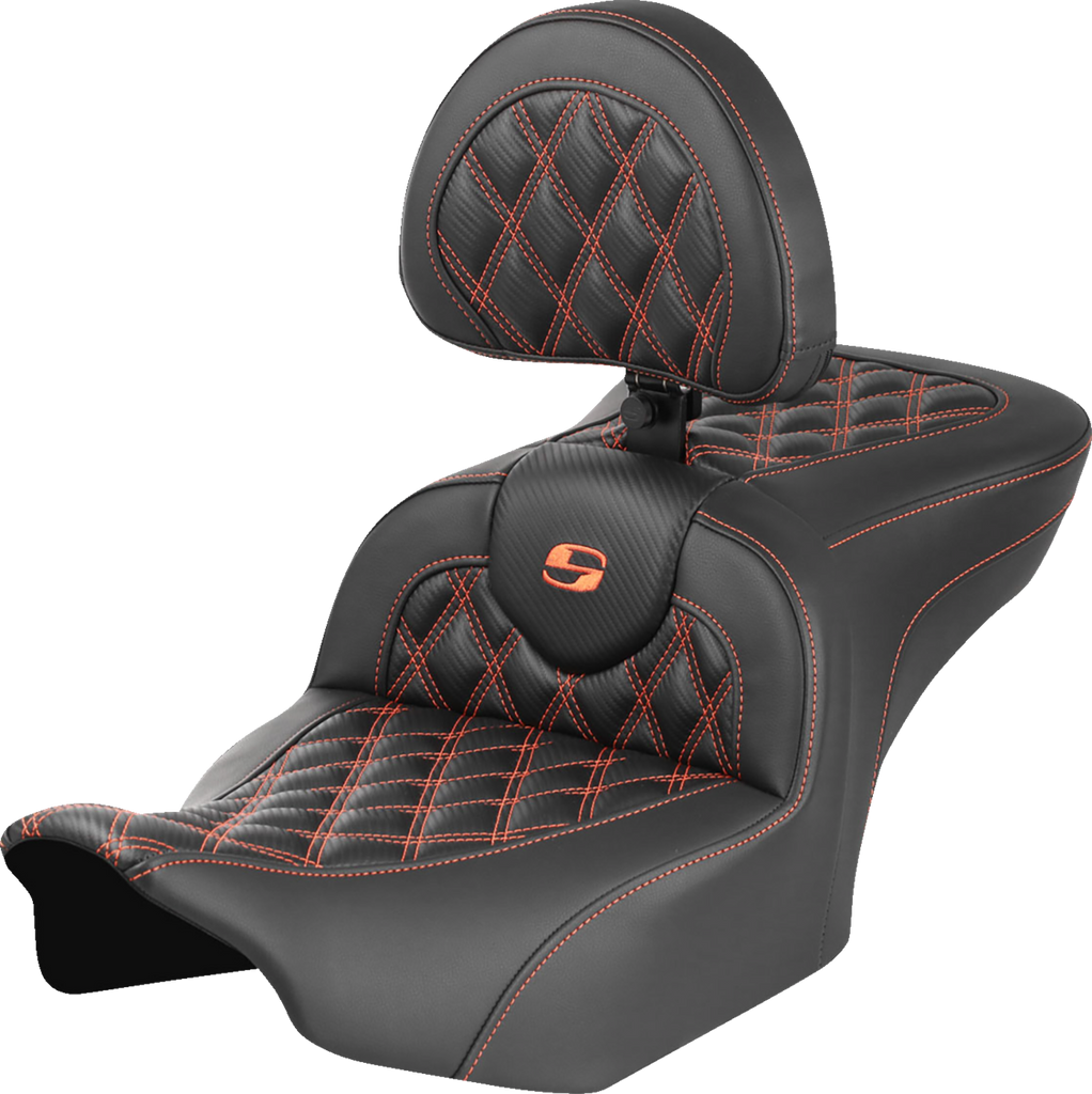 SADDLEMEN RoadSofa* Seat - with Backrest - Carbon Fiber - Lattice Stitch - Orange Stitch - FLTR/FLHX '23-'24 823-07-206B3 - Team Dream Rides