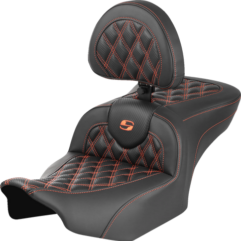 SADDLEMEN RoadSofa* Seat - with Backrest - Carbon Fiber - Lattice Stitch - Orange Stitch - FLTR/FLHX '23-'24 823-07-206B3 - Team Dream Rides