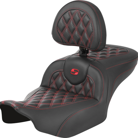 SADDLEMEN RoadSofa* Seat - with Backrest - Carbon Fiber - Lattice Stitch - Red Stitch - FLTR/FLHX '23-'24 823-07-206B4 - Team Dream Rides