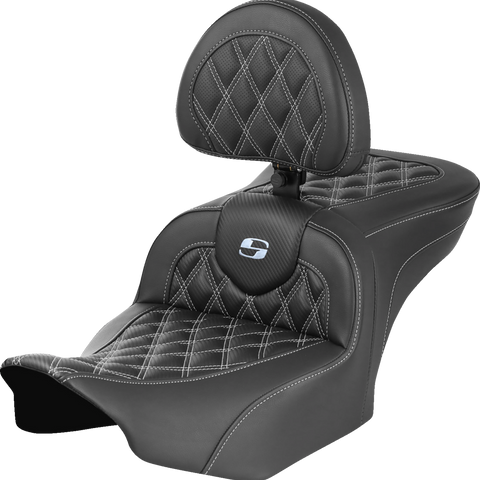 SADDLEMEN RoadSofa* Seat - with Backrest - Carbon Fiber - Lattice Stitch - Silver Stitch - FLTR/FLHX '23-'24 823-07-206B5 - Team Dream Rides