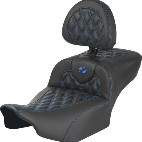 SADDLEMEN Roadsofa* Extended Reach Seat - with Backrest - Lattice Stitch - Blue Stitch - FLTR/FLHX '23-'24 823-07-207B1 - Team Dream Rides