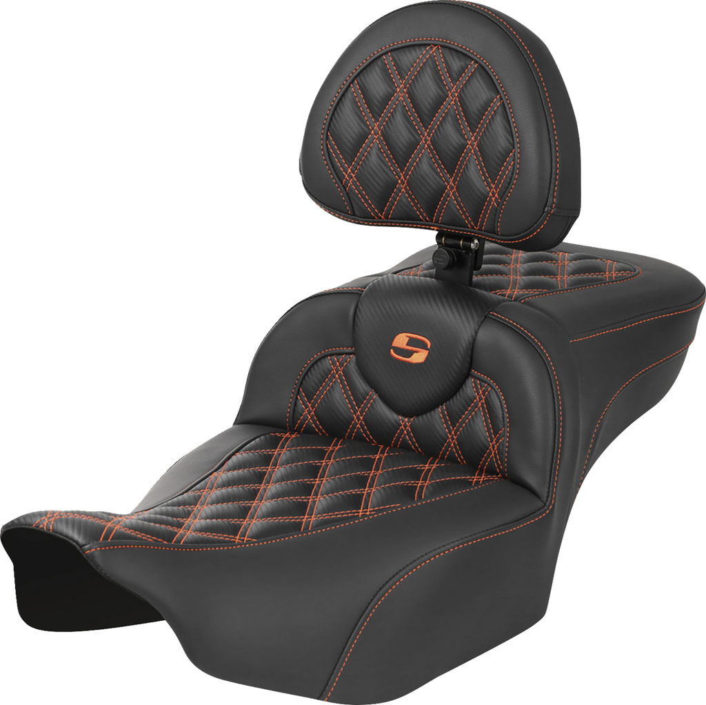 SADDLEMEN Roadsofa* Extended Reach Seat - with Backrest - Lattice Stitch - Orange Stitch - FLTR/FLHX '23-'24 823-07-207B3 - Team Dream Rides