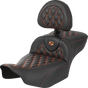 SADDLEMEN Roadsofa* Extended Reach Seat - with Backrest - Lattice Stitch - Orange Stitch - FLTR/FLHX '23-'24 823-07-207B3 - Team Dream Rides