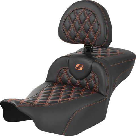 SADDLEMEN Roadsofa* Extended Reach Seat - with Backrest - Lattice Stitch - Orange Stitch - FLTR/FLHX '23-'24 823-07-207B3 - Team Dream Rides