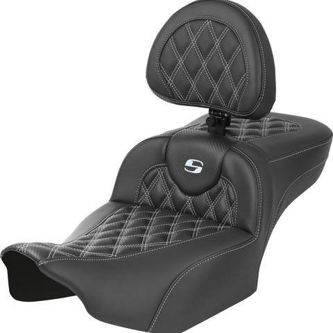 SADDLEMEN Roadsofa* Extended Reach Seat - with Backrest - Lattice Stitch - Silver Stitch - FLTR/FLHX '23-'24 823-07-207B5 - Team Dream Rides