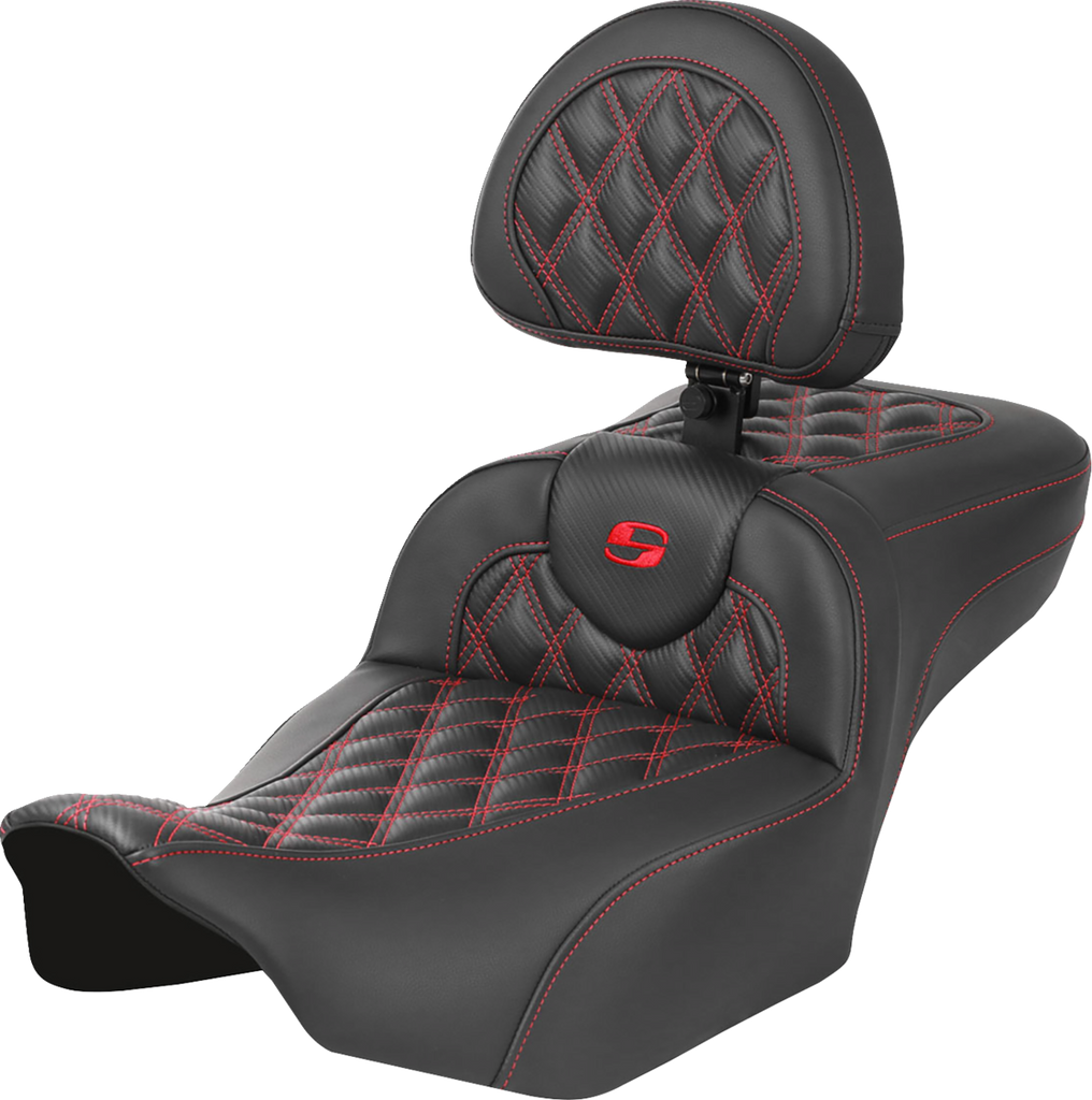 SADDLEMEN Roadsofa™ Extended Reach Seat with Backrest for FLTR/FLHX 2023-2024 – Red Stitch, Lattice Stitch, Part #823-07-207B4