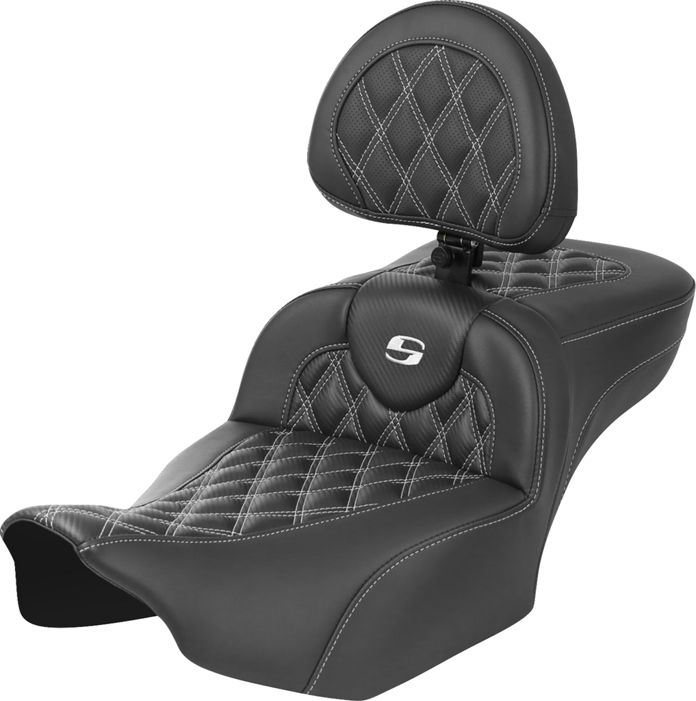 SADDLEMEN Roadsofa* Extended Reach Seat - with Backrest - Lattice Stitch - White Stitch - FLTR/FLHX '23-'24 823-07-207B6 - Team Dream Rides