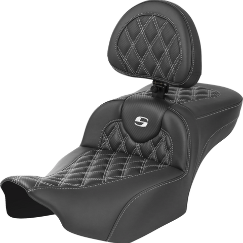 SADDLEMEN Roadsofa* Extended Reach Seat - with Backrest - Lattice Stitch - White Stitch - FLTR/FLHX '23-'24 823-07-207B6 - Team Dream Rides