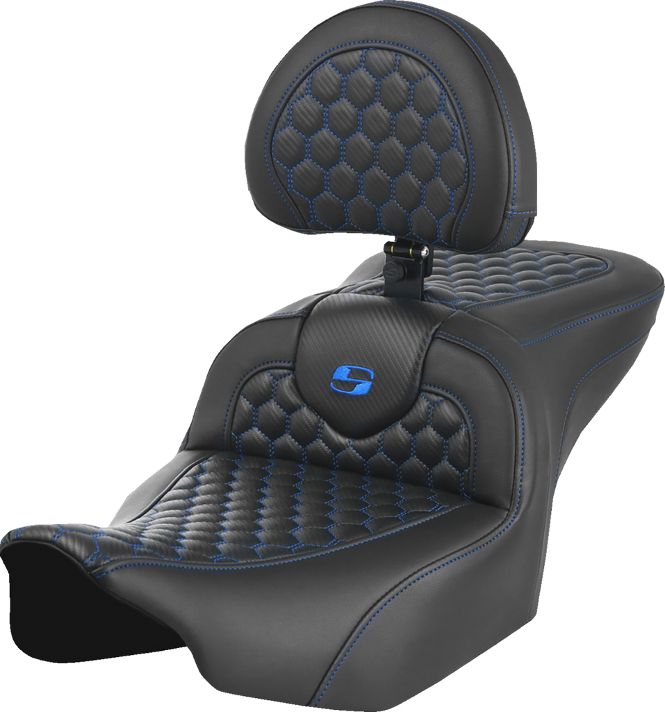 SADDLEMEN Roadsofa* Seat - with Backrest - Honeycomb - Blue Stitch - FLTR/FLHX '23-'24 823-07-189B1 - Team Dream Rides