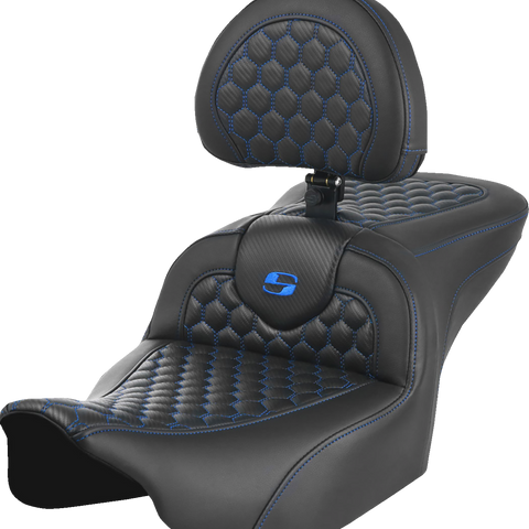 SADDLEMEN Roadsofa* Seat - with Backrest - Honeycomb - Blue Stitch - FLTR/FLHX '23-'24 823-07-189B1 - Team Dream Rides