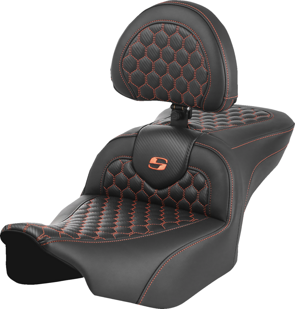 SADDLEMEN Roadsofa* Seat - with Backrest - Honeycomb - Orange Stitch - FLTR/FLHX '23-'24 823-07-189B3 - Team Dream Rides
