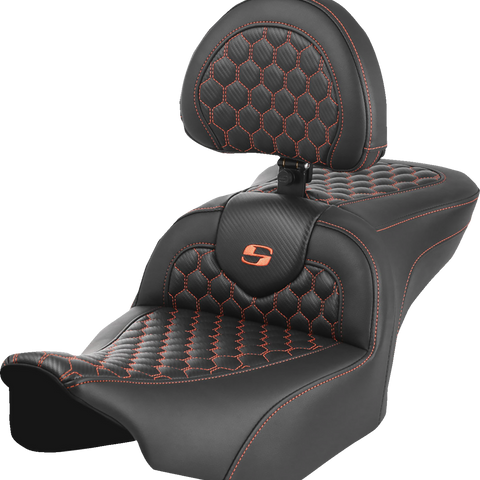 SADDLEMEN Roadsofa* Seat - with Backrest - Honeycomb - Orange Stitch - FLTR/FLHX '23-'24 823-07-189B3 - Team Dream Rides