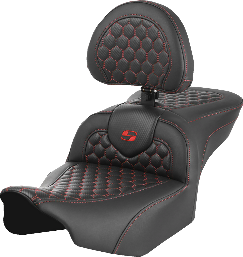 SADDLEMEN Roadsofa* Seat - with Backrest - Honeycomb - Red Stitch - FLTR/FLHX '23-'24 823-07-189B4 - Team Dream Rides