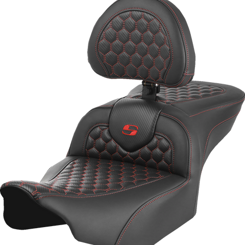 SADDLEMEN Roadsofa* Seat - with Backrest - Honeycomb - Red Stitch - FLTR/FLHX '23-'24 823-07-189B4 - Team Dream Rides