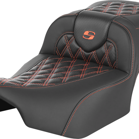 SADDLEMEN Roadsofa* Extended Reach Seat - without Backrest - Lattice Stitch - Orange Stitch - FL/FX '23-'24 823-07-20703 - Team Dream Rides