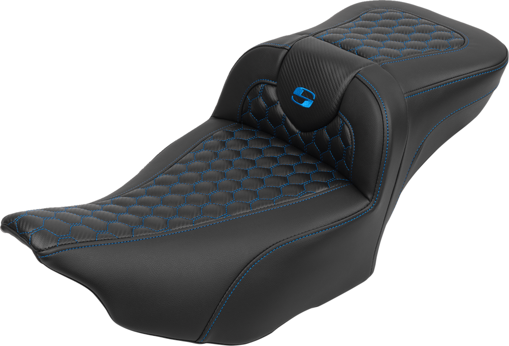 SADDLEMEN Roadsofa™ Extended Reach Seat with Backrest for FLTR/FLHX 2023-2024 - Honeycomb Blue Stitch