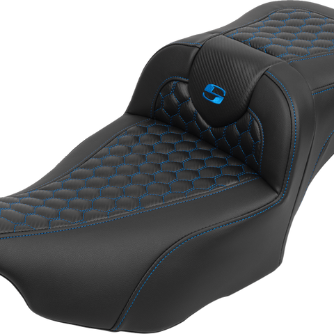 SADDLEMEN Roadsofa* Extended Reach Seat - with Backrest - Honeycomb - Blue Stitch - FLTR/FLHX '23-'24 823-07-190B1 - Team Dream Rides