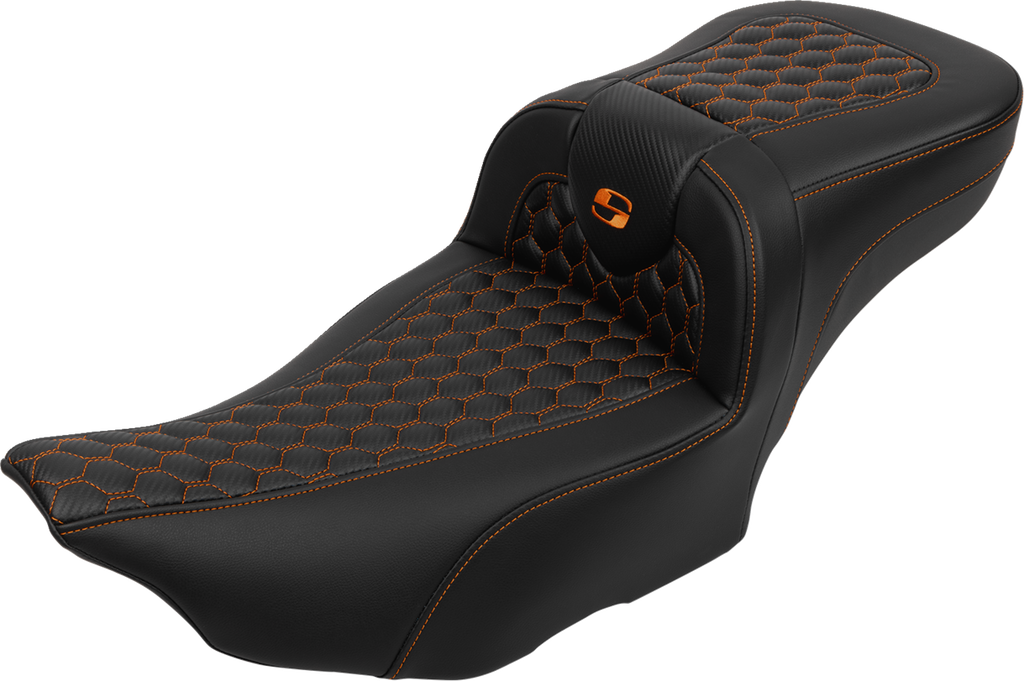 SADDLEMEN Roadsofa* Extended Reach Seat - with Backrest - Honeycomb - Orange Stitch - FLTR/FLHX '23-'24 823-07-190B3 - Team Dream Rides