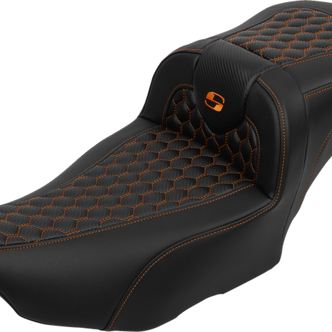 SADDLEMEN Roadsofa* Extended Reach Seat - with Backrest - Honeycomb - Orange Stitch - FLTR/FLHX '23-'24 823-07-190B3 - Team Dream Rides