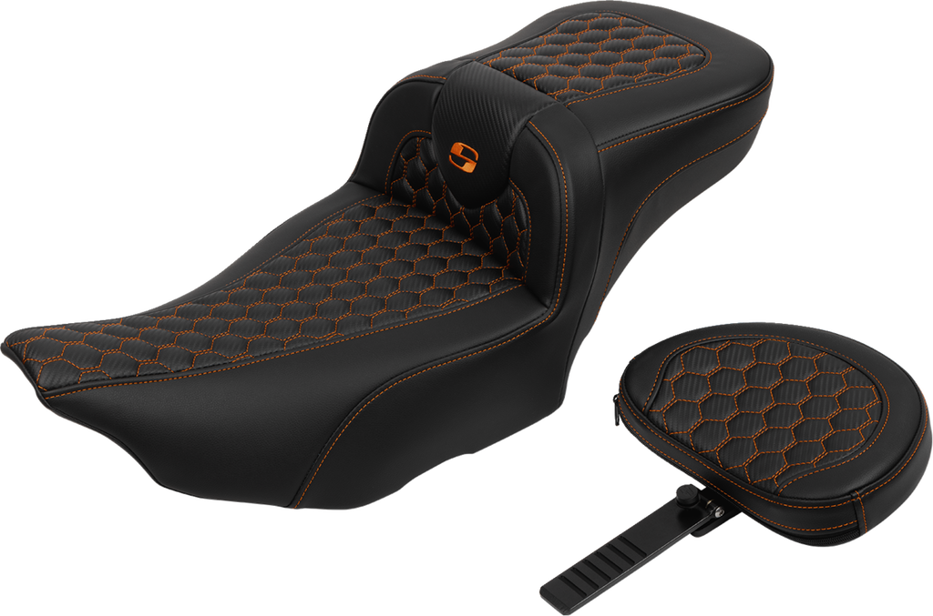 SADDLEMEN Roadsofa* Extended Reach Seat - with Backrest - Honeycomb - Orange Stitch - FLTR/FLHX '23-'24 823-07-190B3 - Team Dream Rides