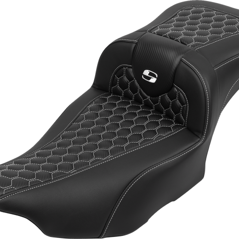 SADDLEMEN Roadsofa* Extended Reach Seat - with Backrest - Honeycomb - White Stitch - FLTR/FLHX '23-'24 823-07-190B6 - Team Dream Rides