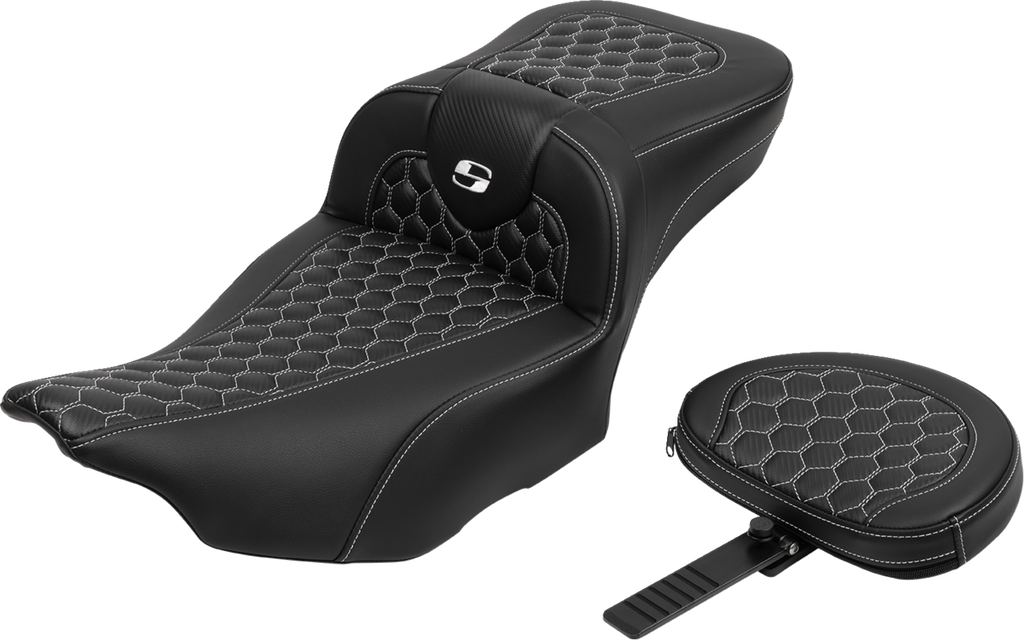 SADDLEMEN Roadsofa* Extended Reach Seat - with Backrest - Honeycomb - White Stitch - FLTR/FLHX '23-'24 823-07-190B6 - Team Dream Rides