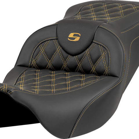 SADDLEMEN Roadsofa* Seat - Lattice Stitch - Gold Stitch - w/o Backrest - FL '08-'23 808-07B-18207