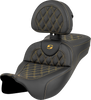 SADDLEMEN Roadsofa™ Extended Reach Seat with Backrest for FL 2008-2023, Gold Stitch, Lattice Design