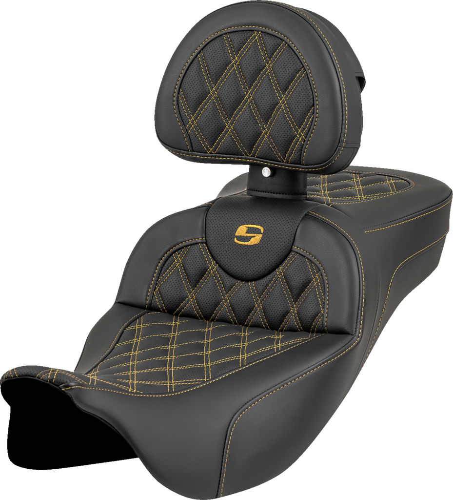 SADDLEMEN Roadsofa™ Extended Reach Seat with Backrest for FL 2008-2023, Gold Stitch, Lattice Design
