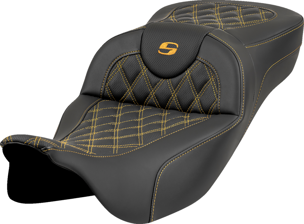 SADDLEMEN Roadsofa™ Extended Reach Seat with Lattice Stitch and Gold Thread – Fits FL '08-'23 Models Part 808-07B-18407