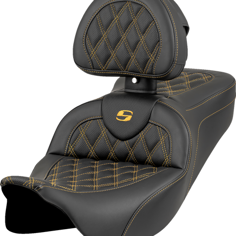 SADDLEMEN Roadsofa* Seat - Lattice Stitch - Gold Stitch - w/ Backrest - FL '08-'23 808-07B-182B7