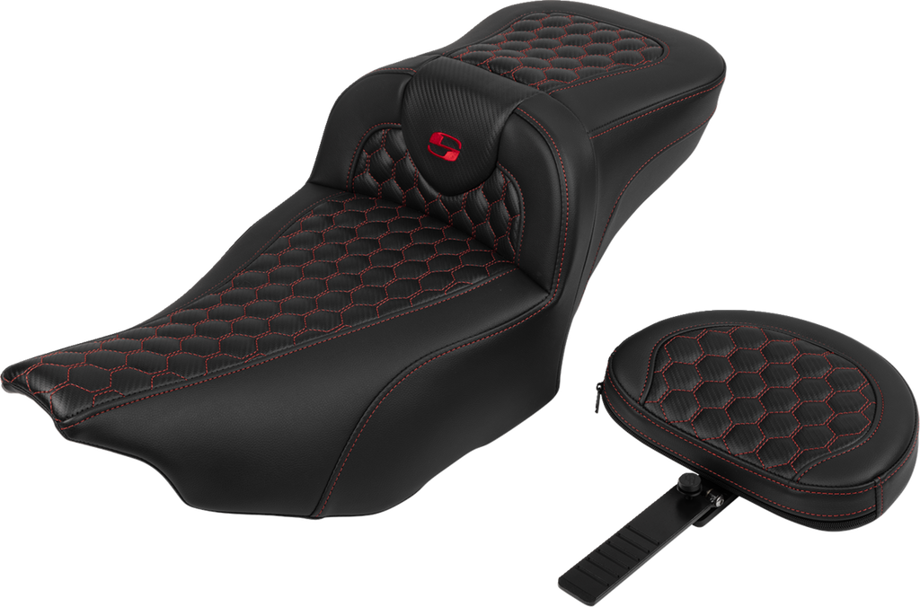 SADDLEMEN Roadsofa* Extended Reach Seat - with Backrest - Honeycomb - Red Stitch - FLTR/FLHX '23-'24 823-07-190B4
