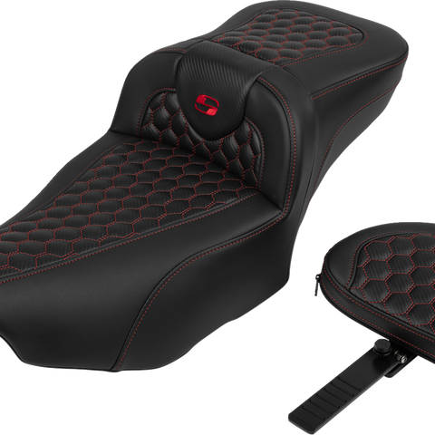 SADDLEMEN Roadsofa* Extended Reach Seat - with Backrest - Honeycomb - Red Stitch - FLTR/FLHX '23-'24 823-07-190B4