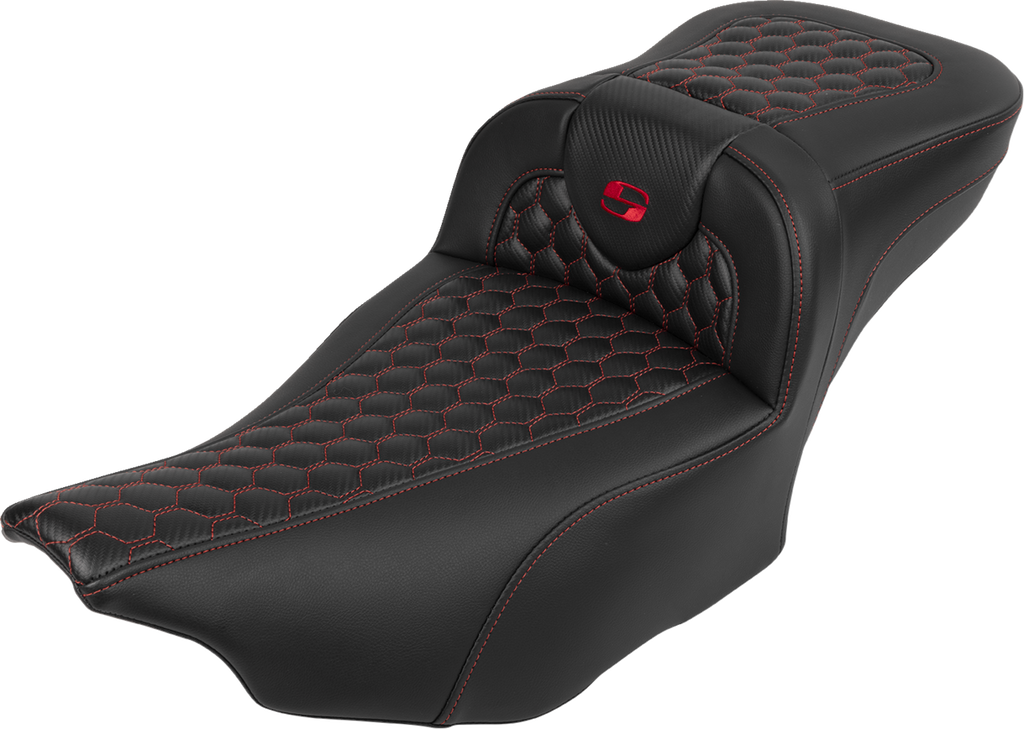 SADDLEMEN Roadsofa* Extended Reach Seat - with Backrest - Honeycomb - Red Stitch - FLTR/FLHX '23-'24 823-07-190B4