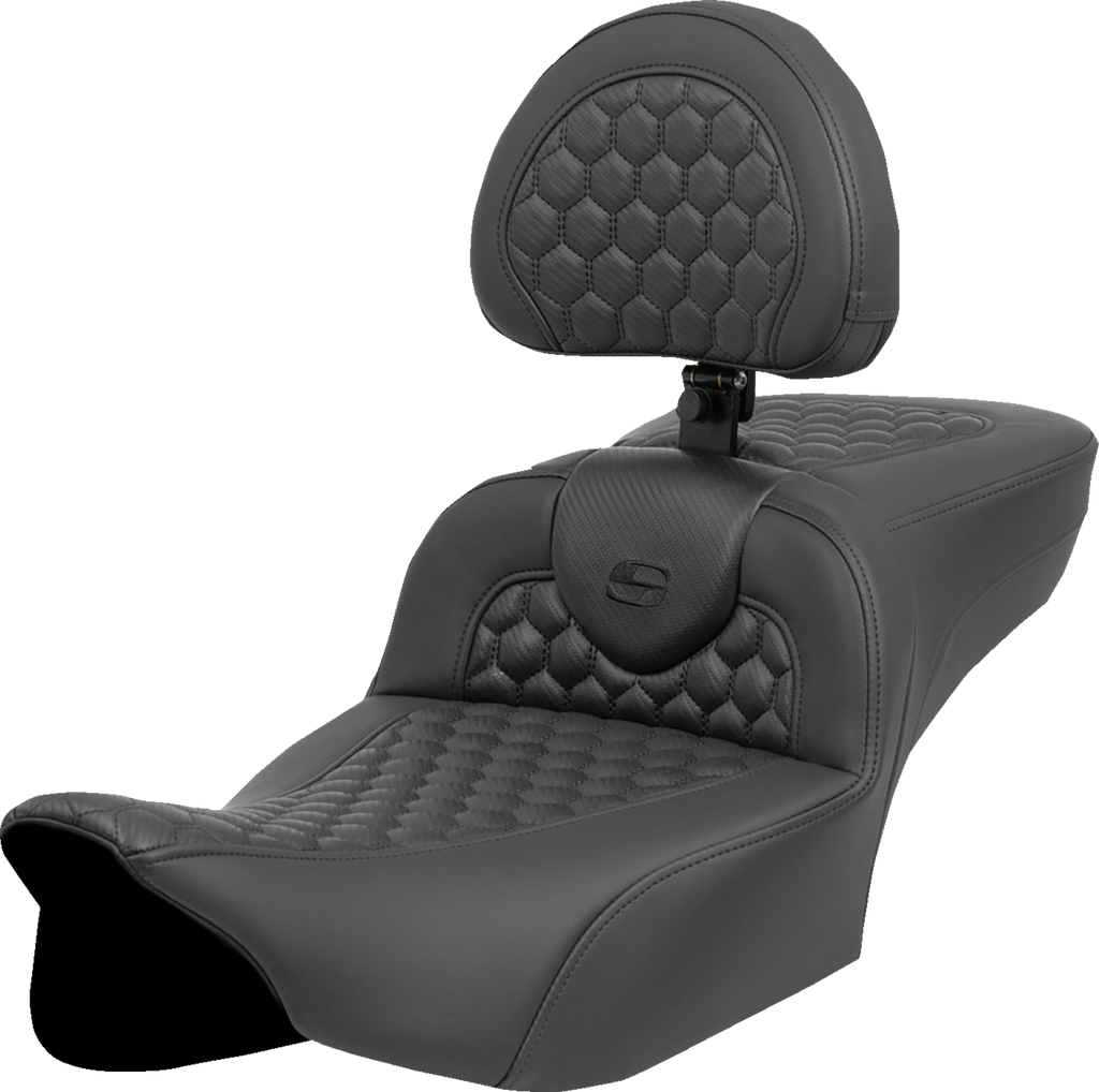 SADDLEMEN Heated RoadSofa™ Seat - Extended Reach with Backrest for FLT/FLH 2023-2024 – Honeycomb Stitch