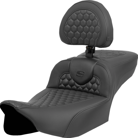 SADDLEMEN Heated RoadSofa™ Seat - Extended Reach with Backrest for FLT/FLH 2023-2024 – Honeycomb Stitch