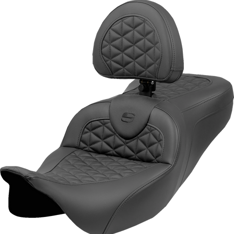 SADDLEMEN RoadSofa™ Tri Gripper Seat with Backrest for FLH/FLT '08-'25 – Standard Reach, Part Number 808-07B-210B0