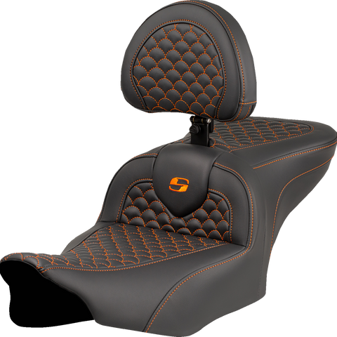 SADDLEMEN Roadsofa* Seat - Dragon Scale Stitch - Orange Stitch - w/ Backrest - FLTR/FLHX '23-'24 823-07-208B3