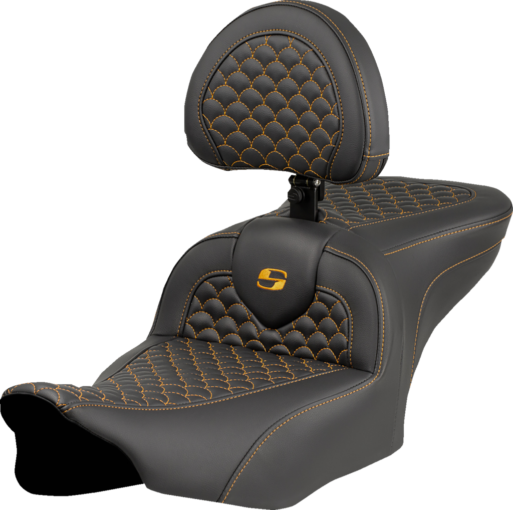 SADDLEMEN Roadsofa™ Seat with Backrest for FLTR/FLHX 2023-2024 – Dragon Scale Stitch, Gold Stitch, Part #823-07-208B7