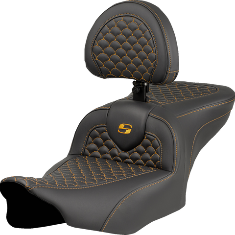 SADDLEMEN Roadsofa™ Seat with Backrest for FLTR/FLHX 2023-2024 – Dragon Scale Stitch, Gold Stitch, Part #823-07-208B7