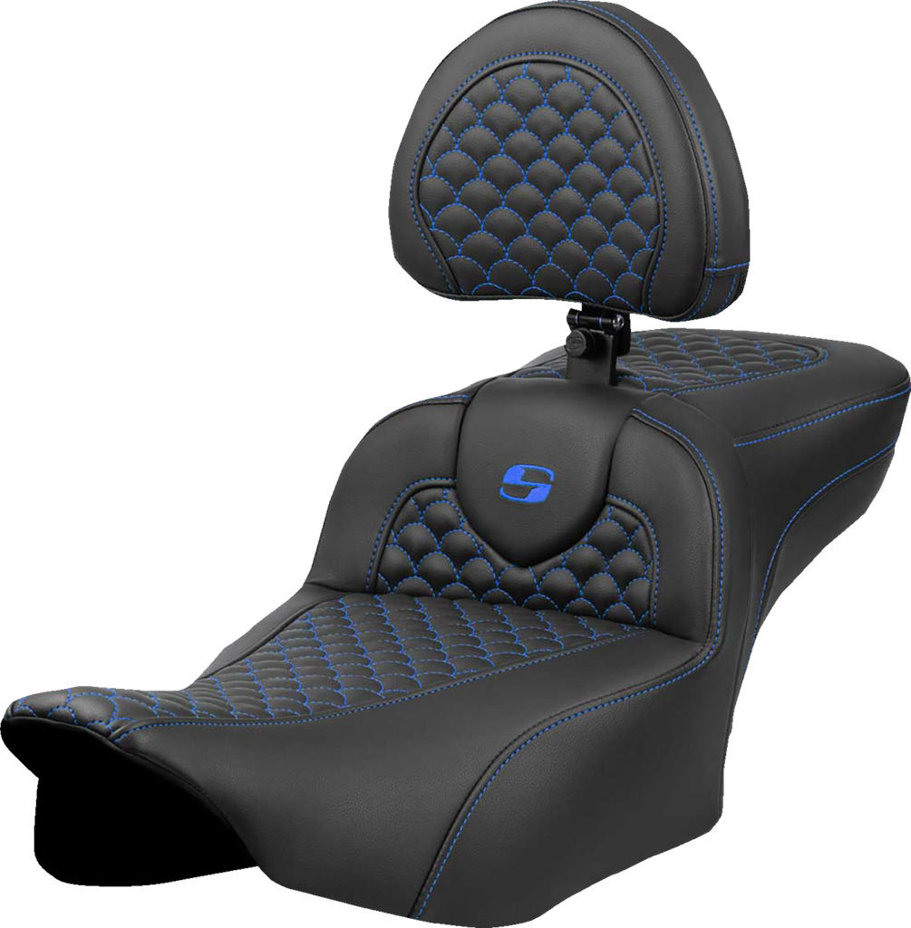SADDLEMEN Roadsofa* Extended Reach Seat - Dragon Scale Stitch - Blue Stitch - w/ Backrest - FLTR/FLHX '23-'24 823-07-209B1
