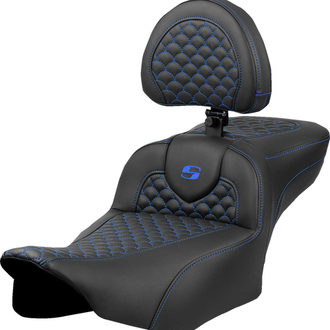 SADDLEMEN Roadsofa* Extended Reach Seat - Dragon Scale Stitch - Blue Stitch - w/ Backrest - FLTR/FLHX '23-'24 823-07-209B1