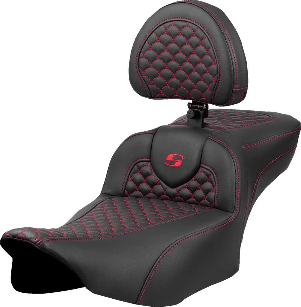 SADDLEMEN Roadsofa™ Extended Reach Seat with Backrest for FLTR/FLHX 2023-2024 – Dragon Scale Stitch in Red