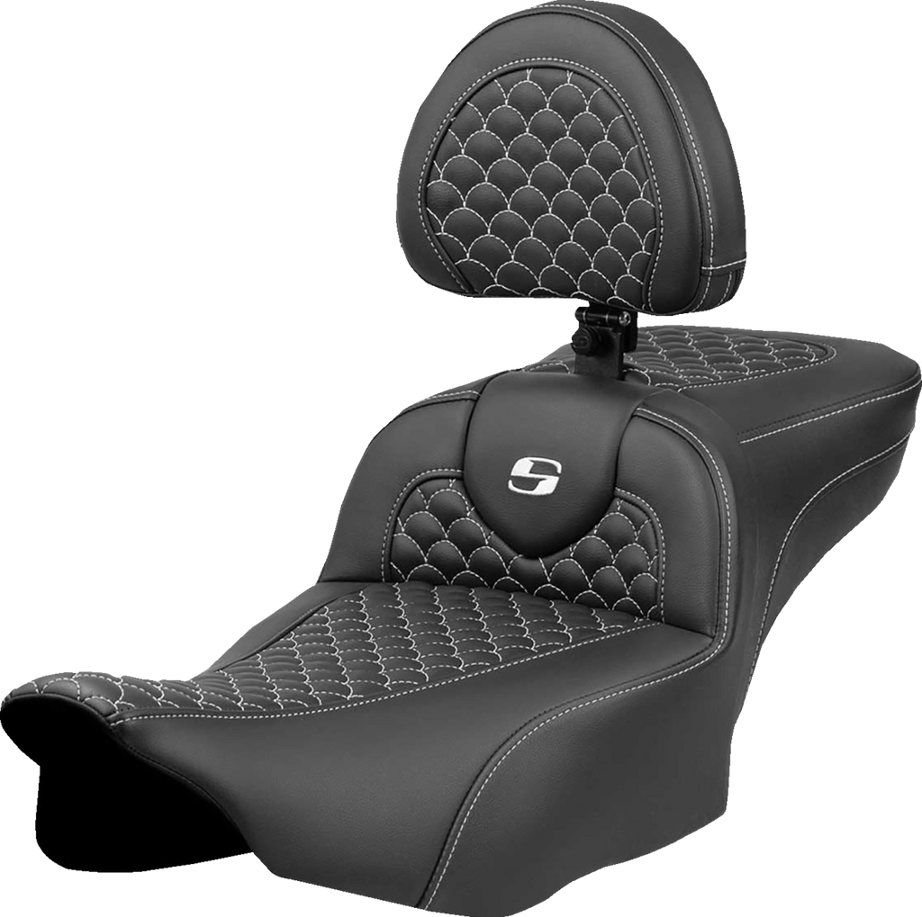 SADDLEMEN Roadsofa™ Extended Reach Seat with Backrest for FLTR/FLHX 2023-2024 - White Dragon Scale Stitch