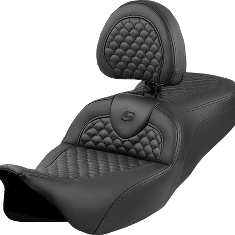 SADDLEMEN Roadsofa* Seat - Dragon Scale Stitch - Black Stitch - w/ Backrest - FLH/FLT '08-'24 808-07B-208B0
